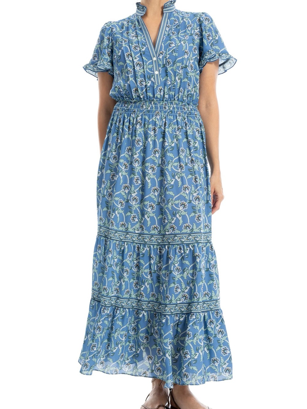 Max Studio London Blue Floral Smocked Waist Tiered Maxi Dress XL